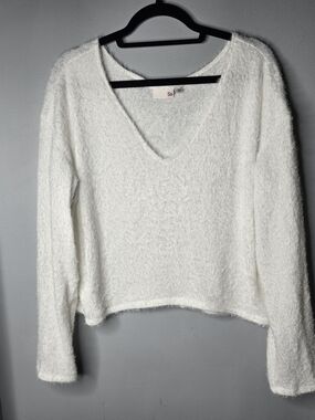 SO Women’s White Fuzzy Eyelash Knit V-Neck Sweater Long Sleeve Cozy